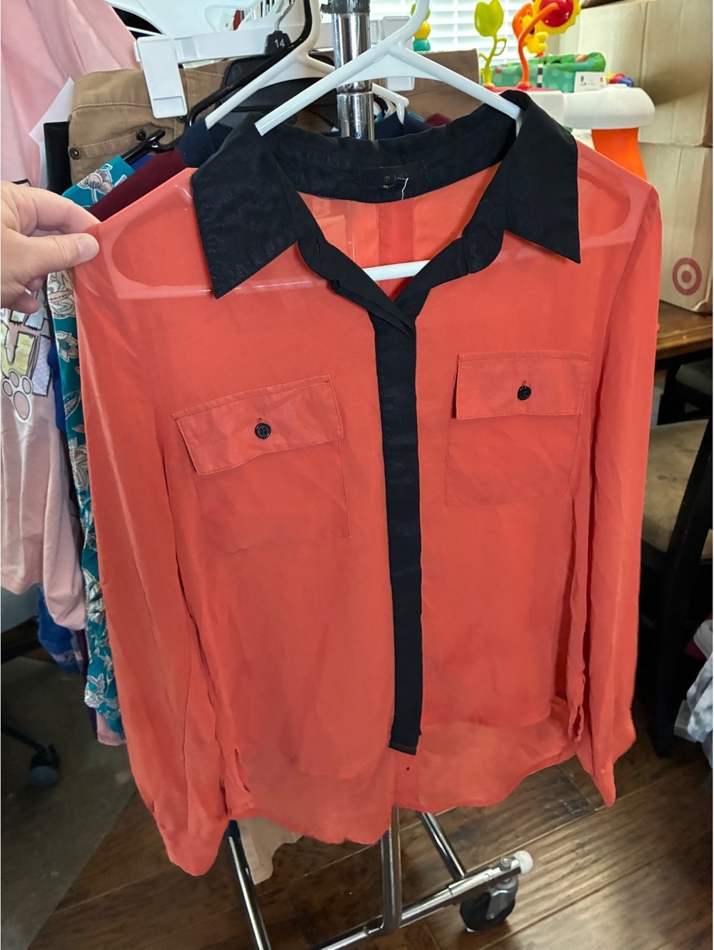 Mine burnt orange blouse with black collar